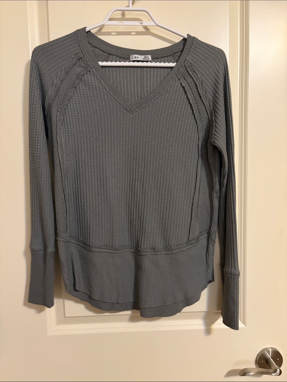Dex Gray Waffle Knit V-Neck Long Sleeve Top